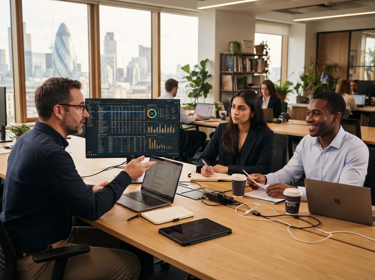 Worthimant analyst reviewing market data charts on a laptop screen